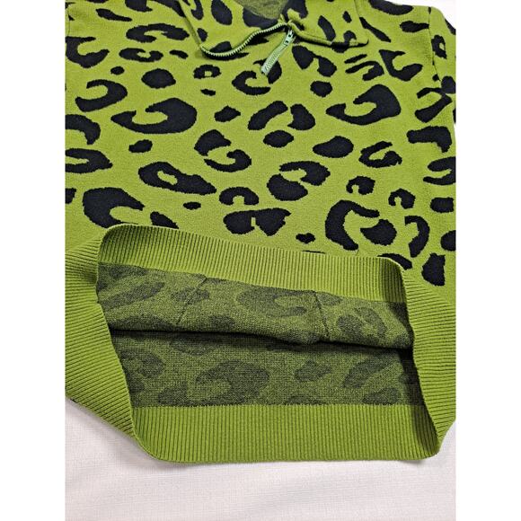 Women's Large Sweater Lime Green/Black Leopard Print Quarter Zip Neckline - Picture 5 of 11